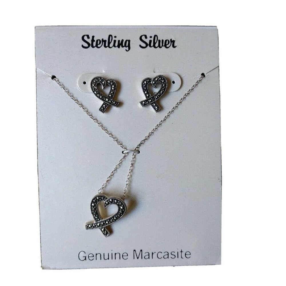 Sterling Silver Genuine Marcasite Heart Shaped Earrings Necklace Set